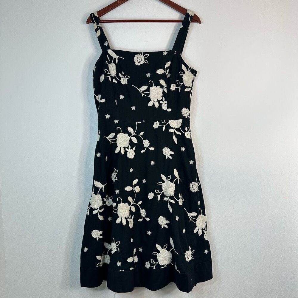 Peck & Peck Linen Blend Black Floral Embroidered Dress Womens 12 Boho CottageCor